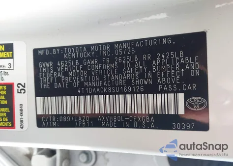2025 Toyota Camry Xle z USA, uszkodzony, nr VIN 4T1DAACK8SU169126
